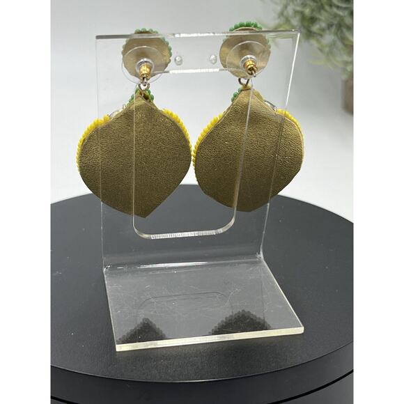 Lemon Hand Made Yellow Green Seed Beads Dangle Pierced Green Rhinestone Earrings - Picture 6 of 9